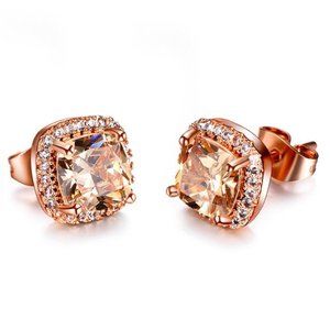 Rose Gold Princess Cut Champagne Topaz Stud Earrings